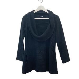 CMC Sz XS Black Cotton Wavy Textured Cowl Neck Long Sleeve Lagenlook Tunic Shirt